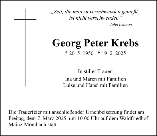 Traueranzeige von Georg Peter Krebs von Allgemeine Zeitung Mainz