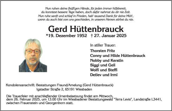 Traueranzeige von Gerd Hüttenbrauck von Wiesbadener Kurier