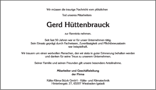 Traueranzeige von Gerd Hüttenbrauck von Wiesbadener Kurier