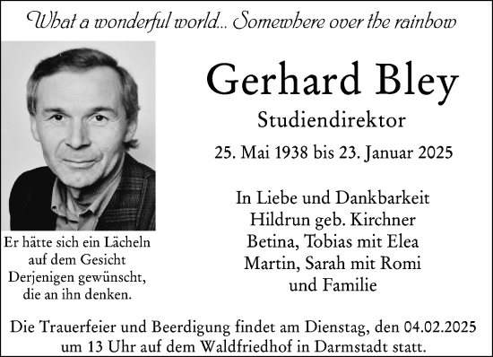 Traueranzeige von Gerhard Bley von Darmstädter Echo