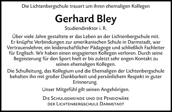 Traueranzeige von Gerhard Bley von Darmstädter Echo