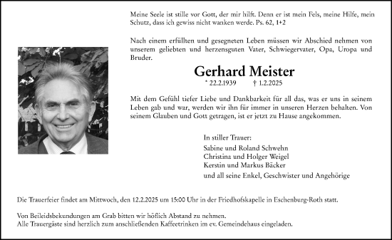 Traueranzeige von Gerhard Meister von Hinterländer Anzeiger