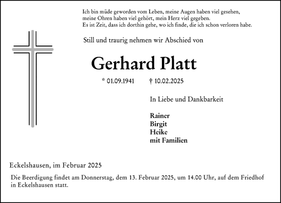 Traueranzeige von Gerhard Platt von Hinterländer Anzeiger