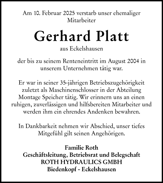 Traueranzeige von Gerhard Platt von Hinterländer Anzeiger