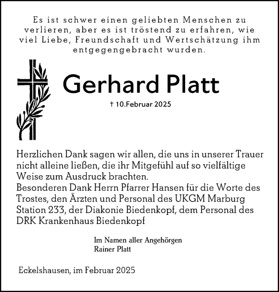 Traueranzeige von Gerhard Platt von Hinterländer Anzeiger