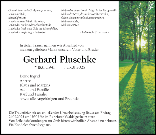 Traueranzeige von Gerhard Pluschke von Allgemeine Zeitung Rheinhessen-Nahe