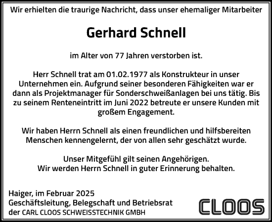 Traueranzeige von Gerhard Schnell von Dill Block