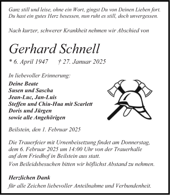 Traueranzeige von Gerhard Schnell von Dill Block