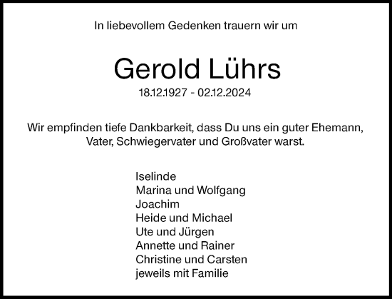 Traueranzeige von Gerold Lührs von Allgemeine Zeitung Mainz