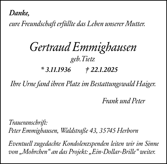 Traueranzeige von Gertraud Emmighausen von Dill Block