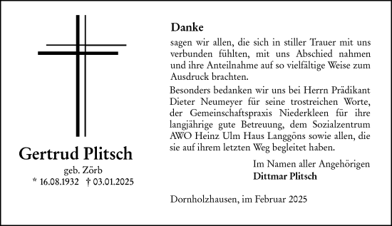 Traueranzeige von Gertrud Plitsch von Wetzlarer Neue Zeitung