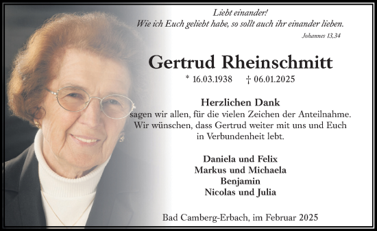 Traueranzeige von Gertrud Rheinschmitt von Camberger Anzeiger