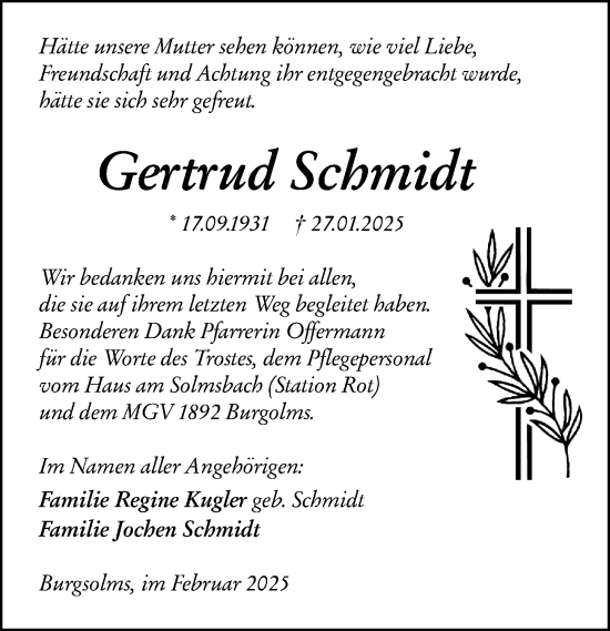 Traueranzeige von Gertrud Schmidt von Wetzlarer Neue Zeitung