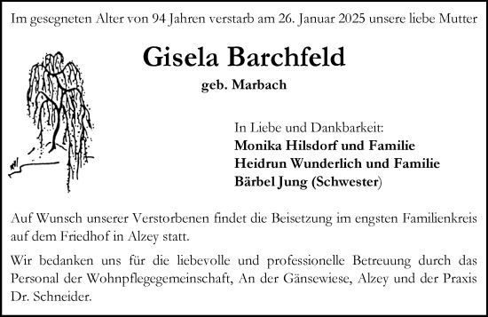 Traueranzeige von Gisela Barchfeld von Allgemeine Zeitung Alzey
