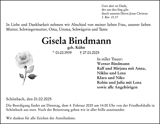 Traueranzeige von Gisela Bindmann von Dill Block