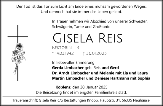 Traueranzeige von Gisela Reis von Allgemeine Zeitung Mainz