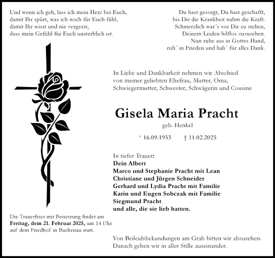 Traueranzeige von Gisela Maria Pracht von Hinterländer Anzeiger