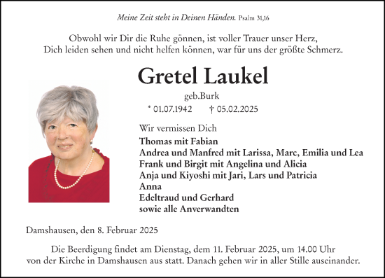 Traueranzeige von Gretel Laukel von Hinterländer Anzeiger