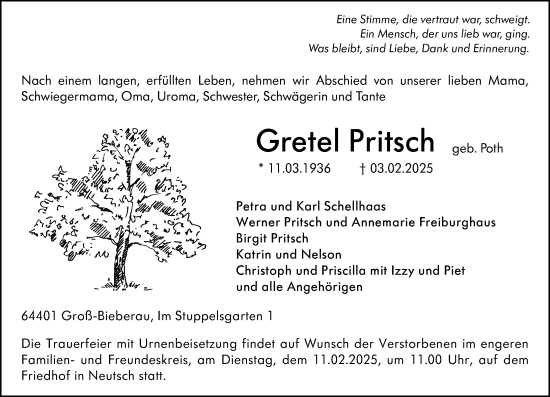 Traueranzeige von Gretel Pritsch von Darmstädter Echo