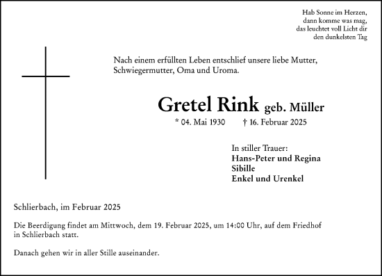 Traueranzeige von Gretel Rink von Hinterländer Anzeiger