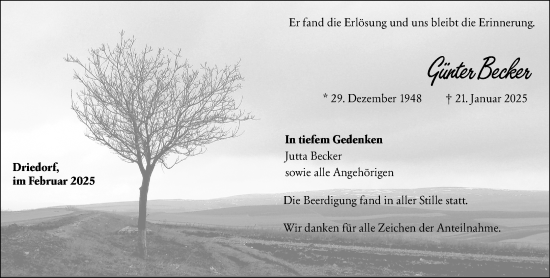 Traueranzeige von Günter Becker von Dill Block