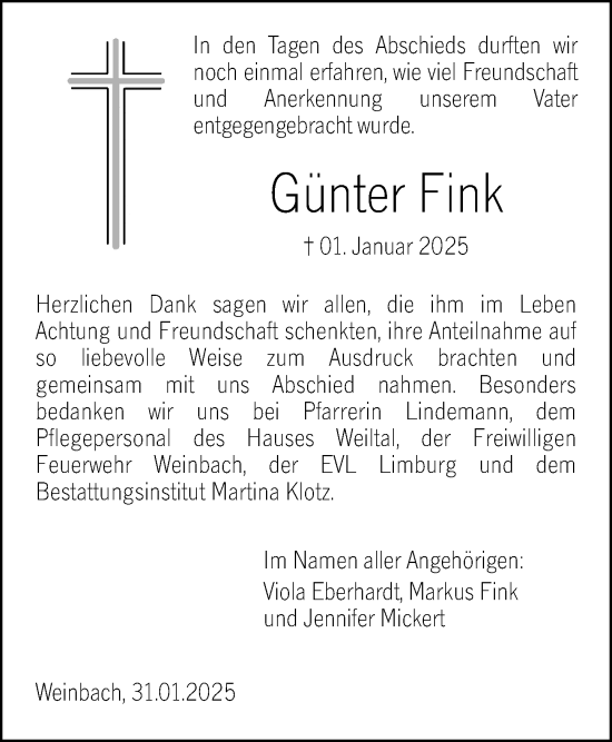 Traueranzeige von Günter Fink von Weilburger Tageblatt