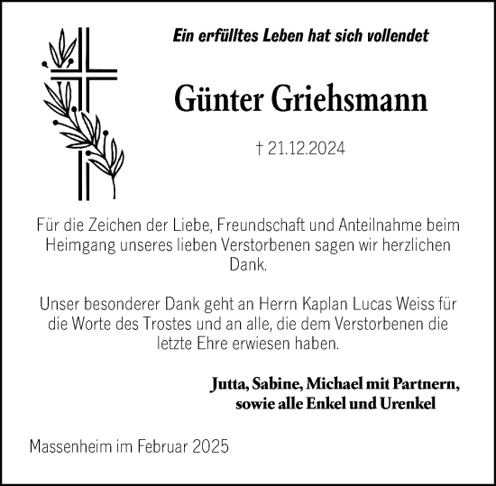 Traueranzeige von Günter Griehsmann von Hochheimer Zeitung