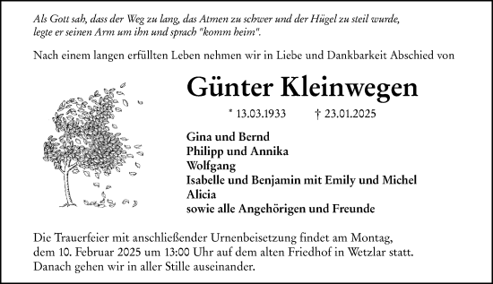 Traueranzeige von Günter Kleinwegen von Wetzlarer Neue Zeitung