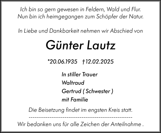Traueranzeige von Günter Lautz von Wetzlarer Neue Zeitung