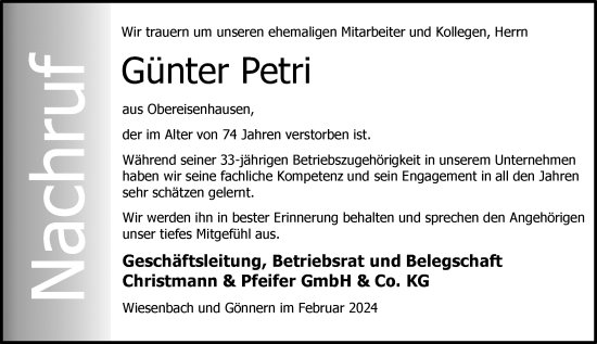 Traueranzeige von Günter Petri von Hinterländer Anzeiger