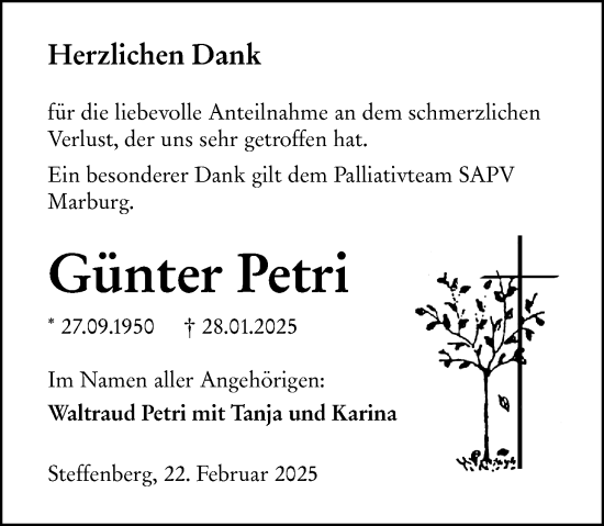 Traueranzeige von Günter Petri von Hinterländer Anzeiger