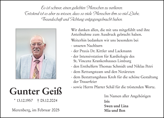 Traueranzeige von Gunter Geiß von Weilburger Tageblatt