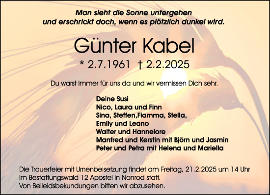 Traueranzeige von Gunter Kabel von Odenwälder Echo