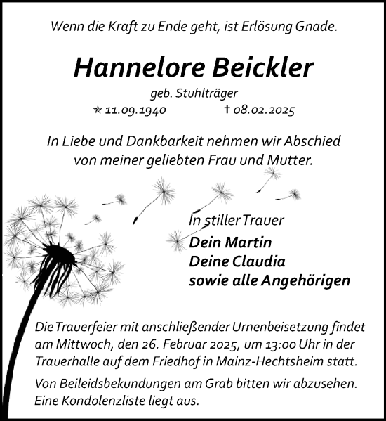 Traueranzeige von Hannelore Beickler von Allgemeine Zeitung Mainz