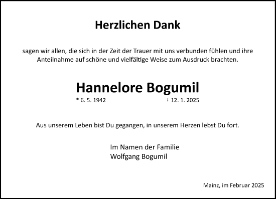 Traueranzeige von Hannelore Bogumil von Allgemeine Zeitung Mainz