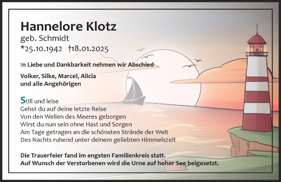 Traueranzeige von Hannelore Klotz von Wormser Zeitung