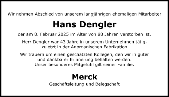 Traueranzeige von Hans Dengler von Darmstädter Echo