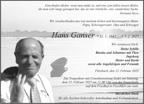 Traueranzeige von Hans Ganser von Dill Block