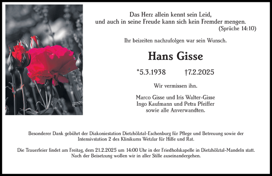 Traueranzeige von Hans Gisse von Dill Block
