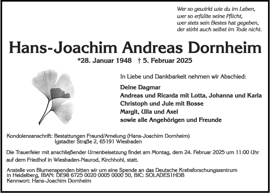 Traueranzeige von Hans-Joachim Dornheim von Wiesbadener Kurier