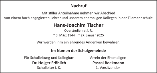 Traueranzeige von Hans-Joachim Tischer von Nassauische Neue Presse
