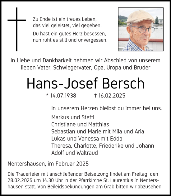 Traueranzeige von Hans-Josef Bersch von Nassauische Neue Presse