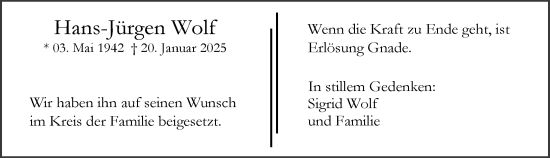 Traueranzeige von Hans-Jürgen Wolf von Hinterländer Anzeiger