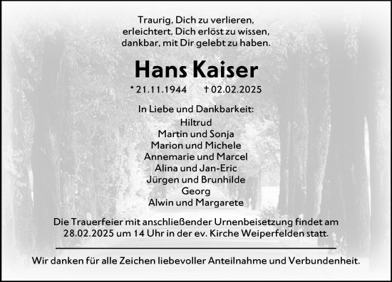 Traueranzeige von Hans Kaiser von Wetzlarer Neue Zeitung