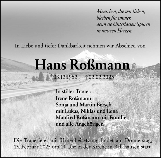 Traueranzeige von Hans Roßmann von Darmstädter Echo
