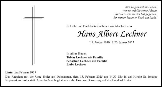 Traueranzeige von Hans Albert Lechner von Weilburger Tageblatt