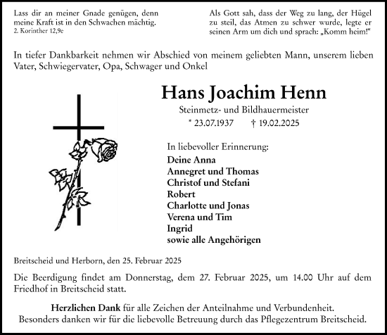 Traueranzeige von Hans Joachim Henn von Dill Block