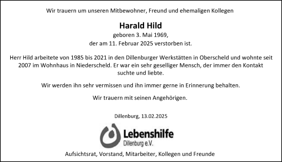 Traueranzeige von Harald Hild von Dill Block