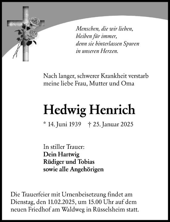 Traueranzeige von Hedwig Henrich von Rüsselsheimer Echo