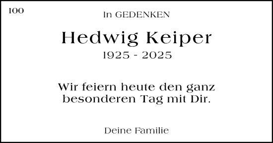 Traueranzeige von Hedwig Keiper von Wiesbadener Kurier